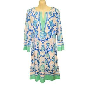 Barbara Gerwit Resort Wear 3/4 Sleeve Dress, Aqua, Blue and‎ White, Size L, NWT